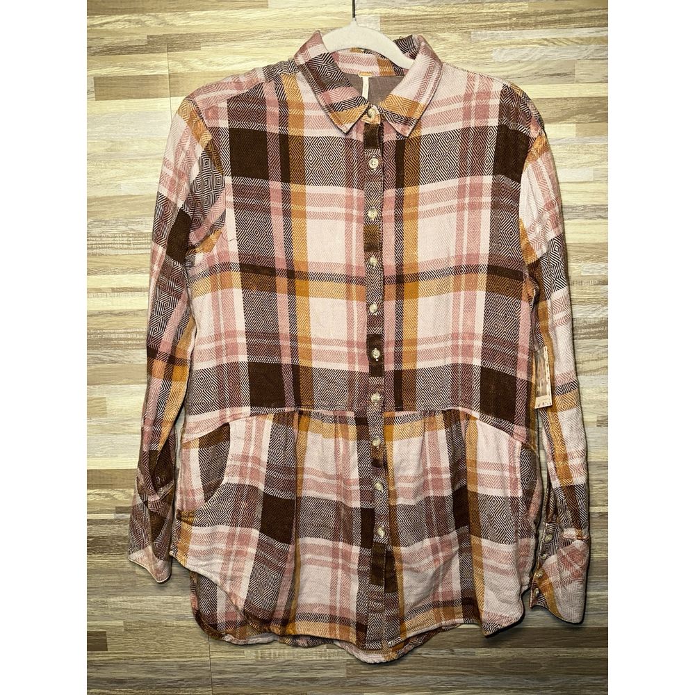 Free People Easy Street Plaid Flannel Tunic Top Lightweight Tunic Top W/ Pockets
